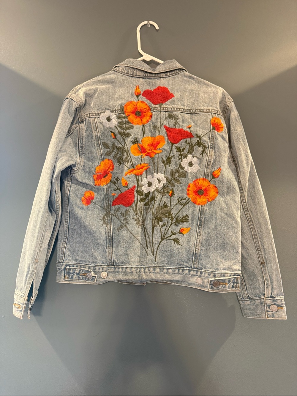 Levi's Strauss Embroidered Floral Light Wash Denim Jacket - Orange Floral